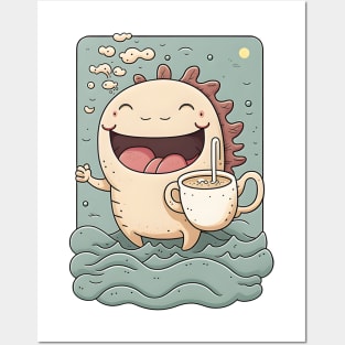 Axolotl & Coffee Kawaii Anime Axolotls & Coffee Lover Posters and Art